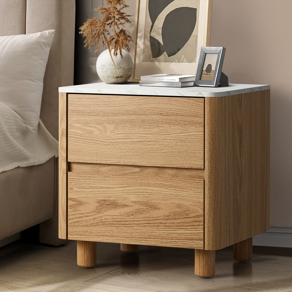 Bedside Table 2 Drawers Nightstand  Marble Top Natural