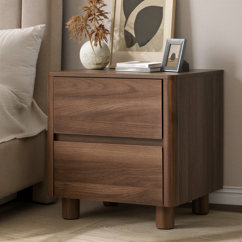 Bedside Table 2 Drawer Storage Cabinet Nightstand Walnut/Black Wood Finish