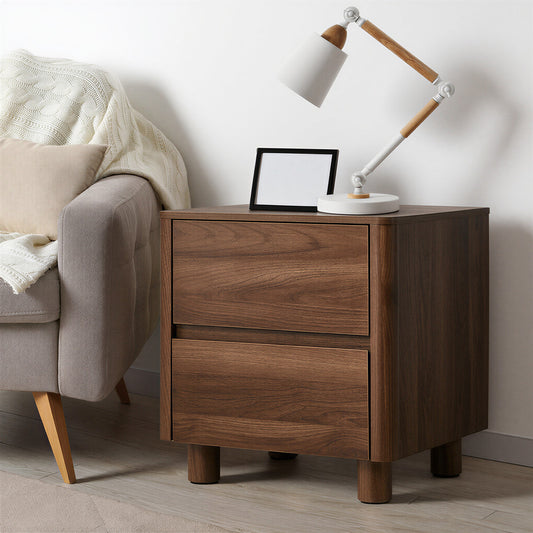 Bedside Table 2 Drawer Storage Cabinet Nightstand Walnut/Black Wood Finish