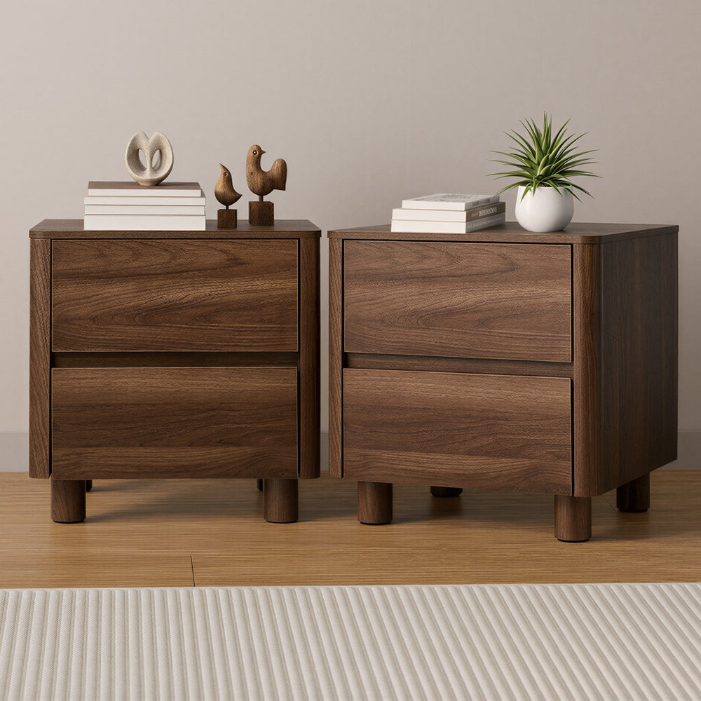 Bedside Table 2 Drawer Storage Cabinet Nightstand Black/Walnut 2 Pack Set