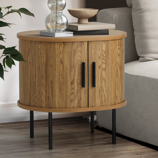  2-tier Bedside Table with Sliding Doors Natural