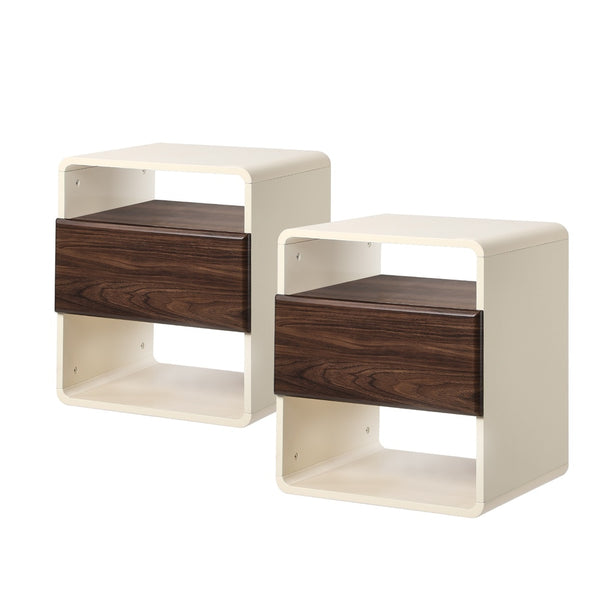  2x Bedside Tables with Drawer & Open Shelves Retro-Modern Bedroom Furniture