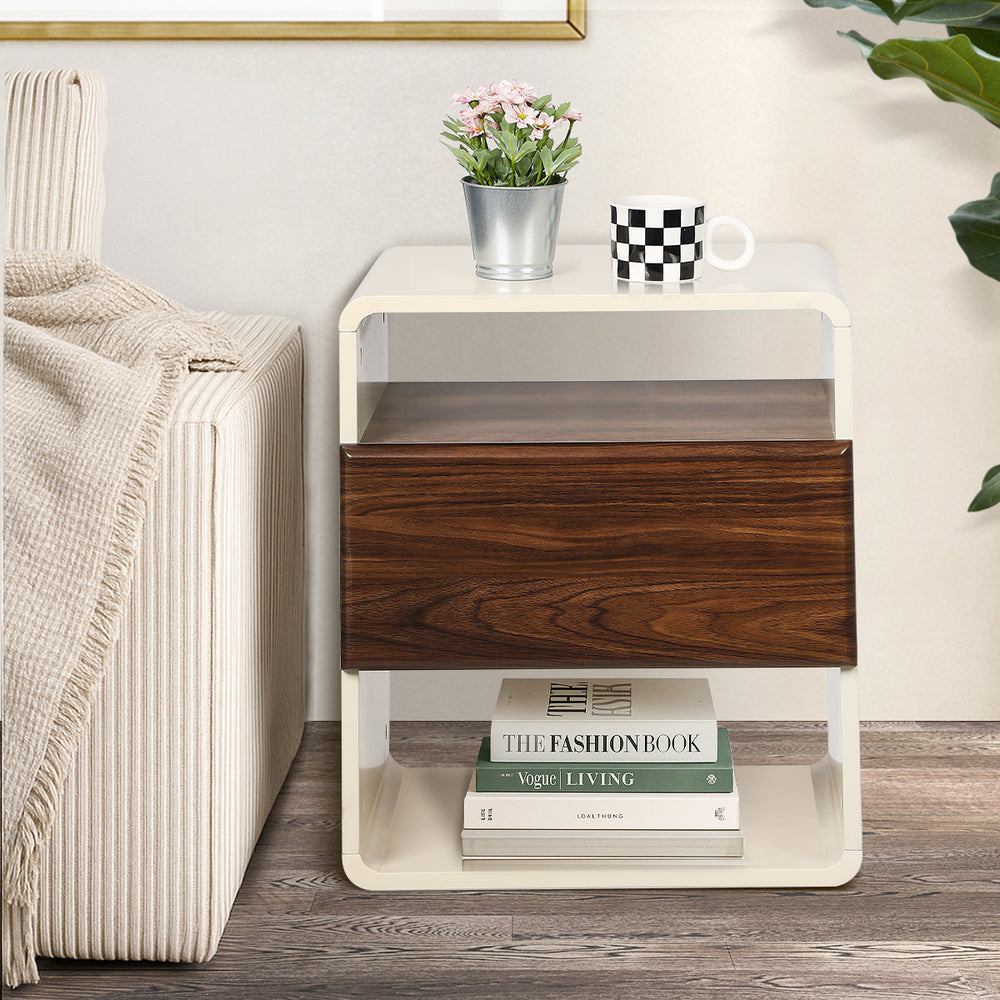 2x Bedside Tables with Drawer & Open Shelves Retro-Modern Bedroom Furniture