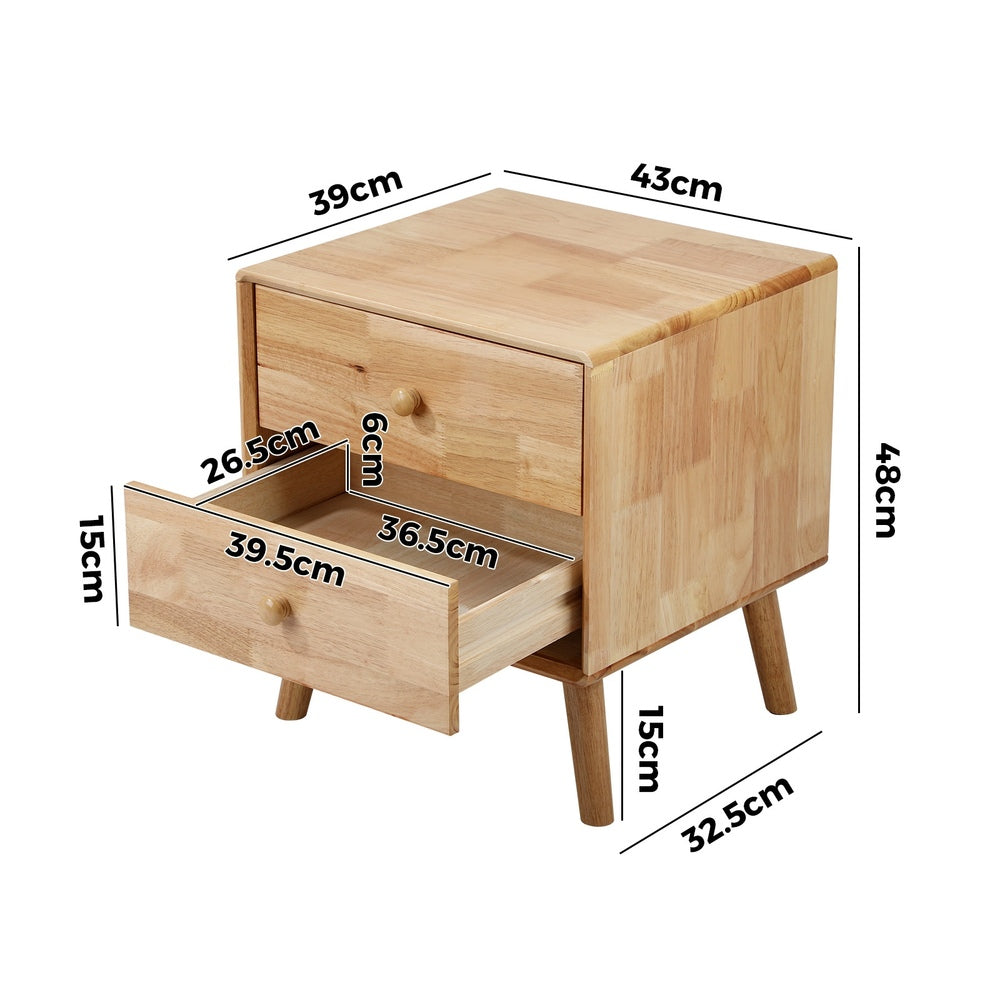 Set of 2 Bedside Tables 2 Drawers Side Tables Rubber Wood