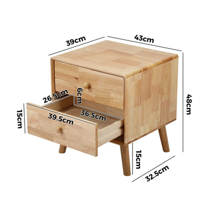 Set of 2 Bedside Tables 2 Drawers Side Tables Rubber Wood