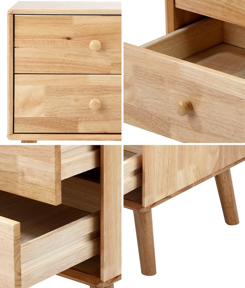 Set of 2 Bedside Tables 2 Drawers Side Tables Rubber Wood
