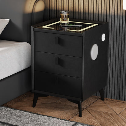 Smart Bedside Table Wireless Charging LED Lights 3 Drawers Black
