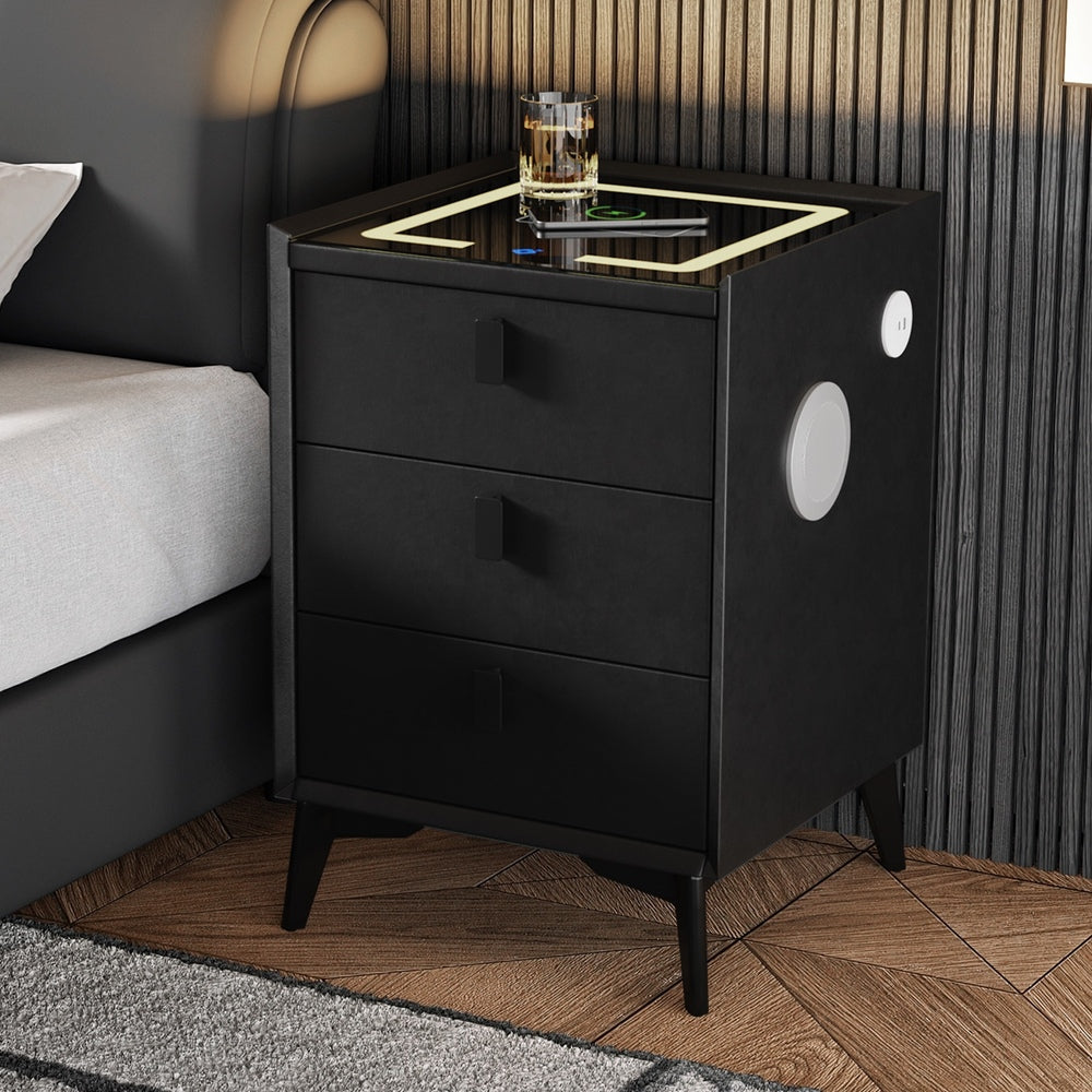 Smart Bedside Table Black 3 Drawers LED Lights Wireless Charging Nightstand