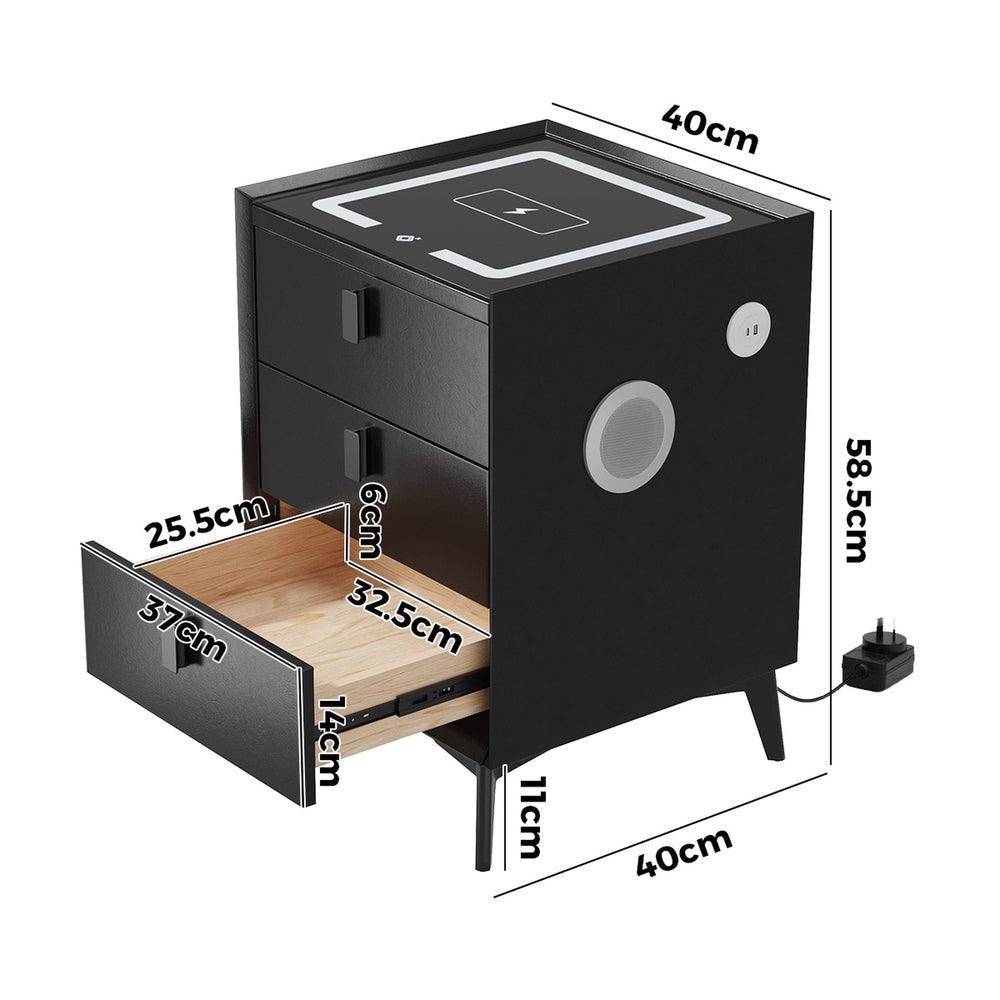 Smart Bedside Table Wireless Charging LED Lights 3 Drawers Black