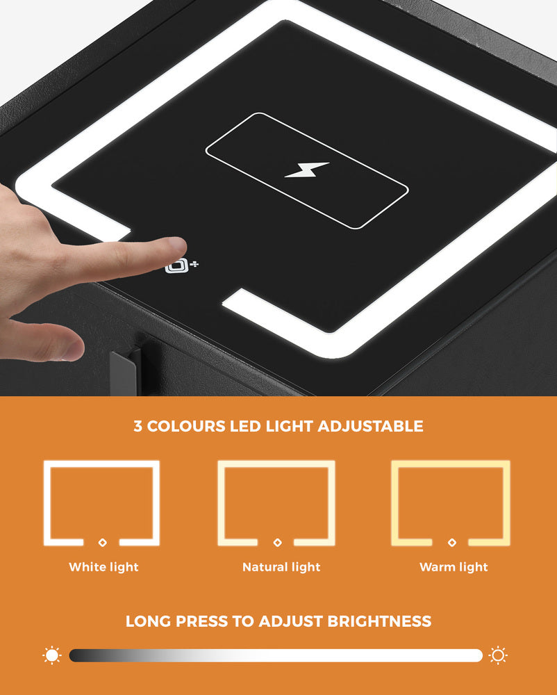 Smart Bedside Table Wireless Charging LED Lights 3 Drawers Black