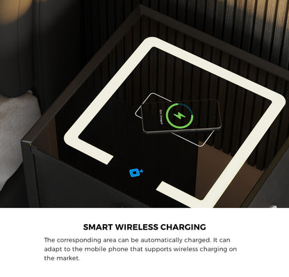 Smart Bedside Table Wireless Charging LED Lights 3 Drawers Black
