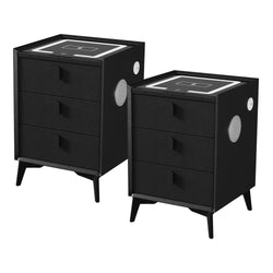 2x Smart Bedside Tables Wireless Charging LED 3 Drawers Black