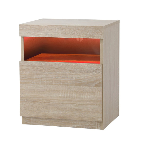  Bedside Table LED Nightstand Shelf Natural/High-gloss Front White