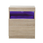 Bedside Table LED Nightstand Shelf Natural/High-gloss Front White