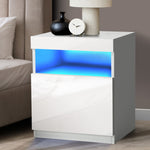 Bedside Table LED Nightstand Shelf Natural/High-gloss Front White