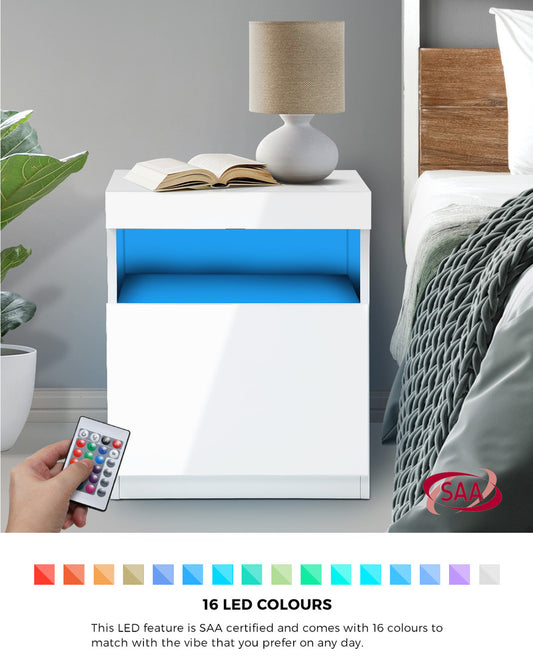 Bedside Tables Set of 2 LED Nightstand White