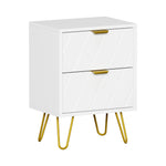 Bedside Table 2 Drawers Gold Metal Nightstand - White