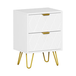 Bedside Table 2 Drawers Gold Metal Nightstand - White