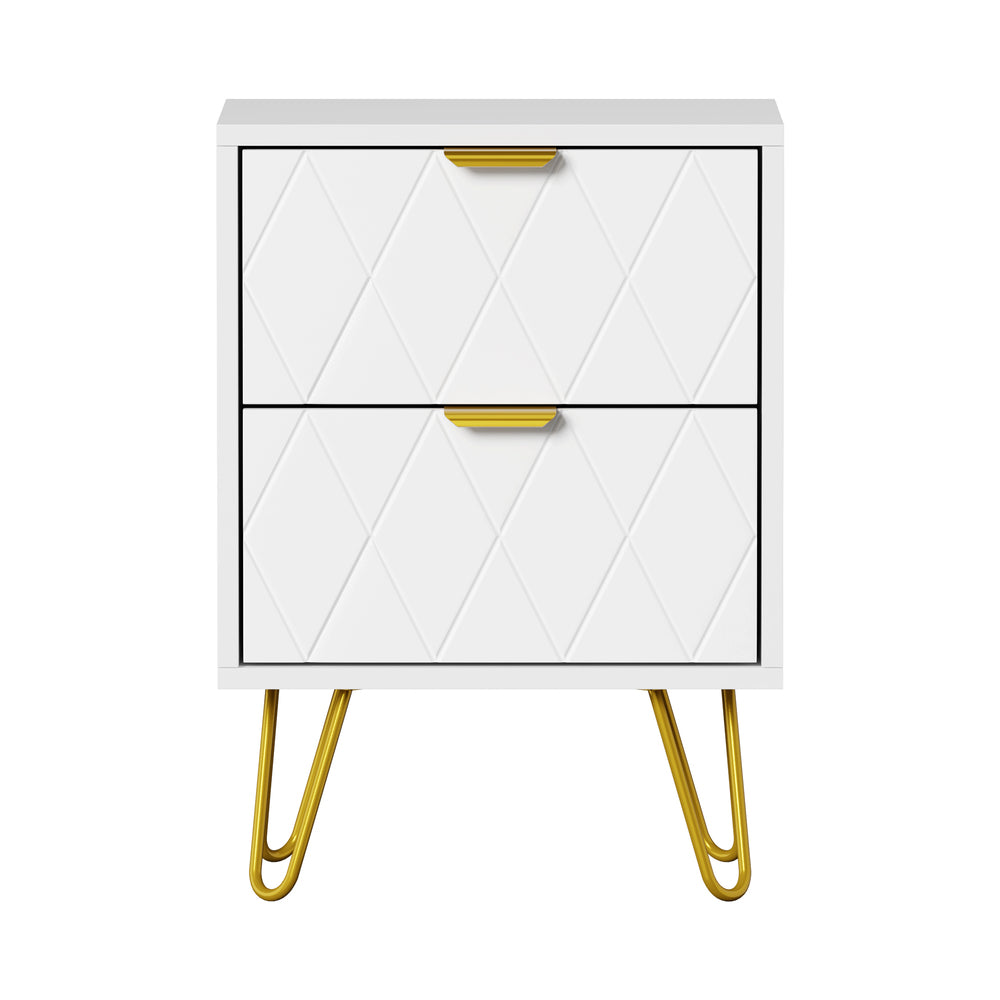 Bedside Table 2 Drawers Gold Metal Nightstand - White