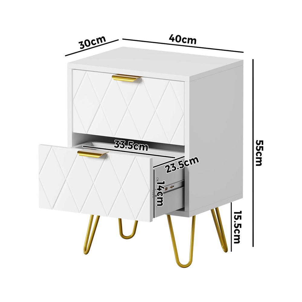 Bedside Table 2 Drawers Gold Metal Nightstand - White