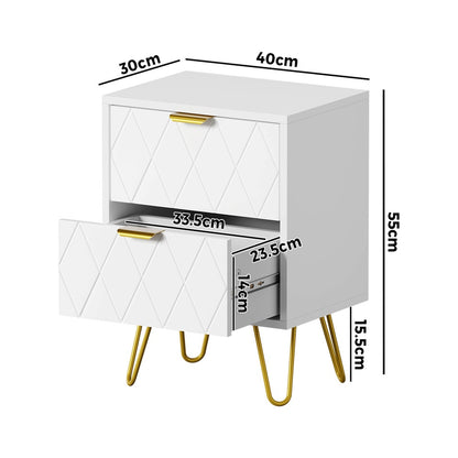 Bedside Table 2 Drawers Gold Metal Nightstand - White