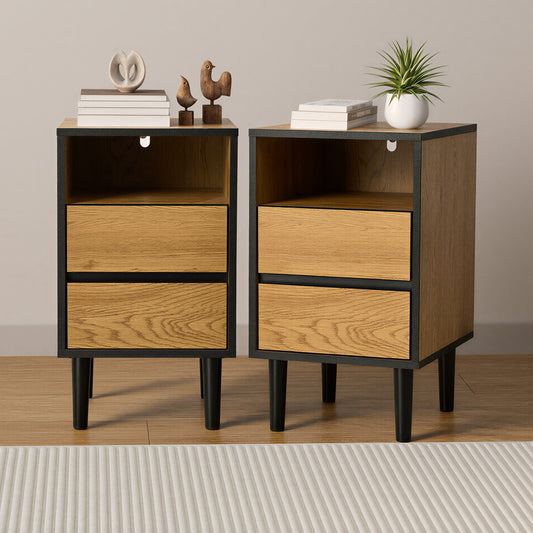 2pc Bedside Tables 2 Drawers Shelf Nightstand