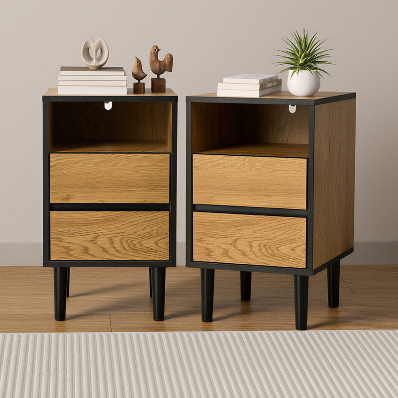 2pc Bedside Tables 2 Drawers Shelf Nightstand