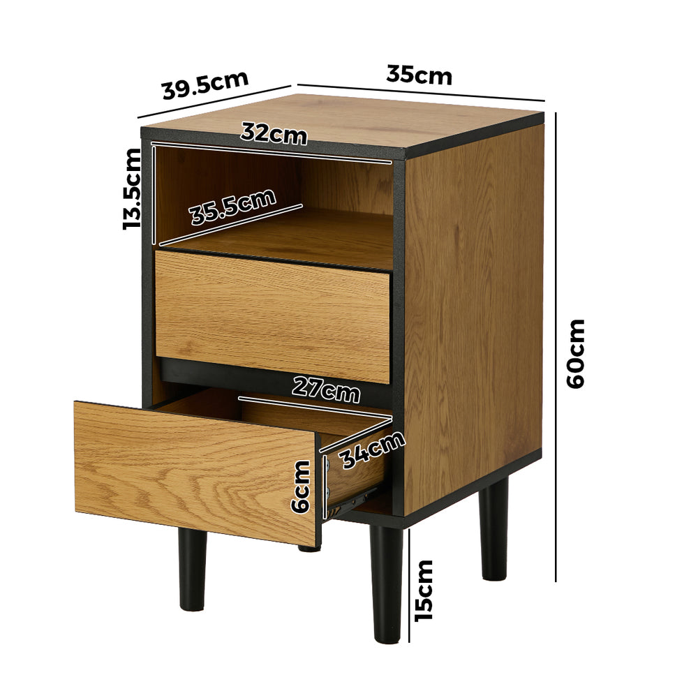 2pc Bedside Tables 2 Drawers Shelf Nightstand
