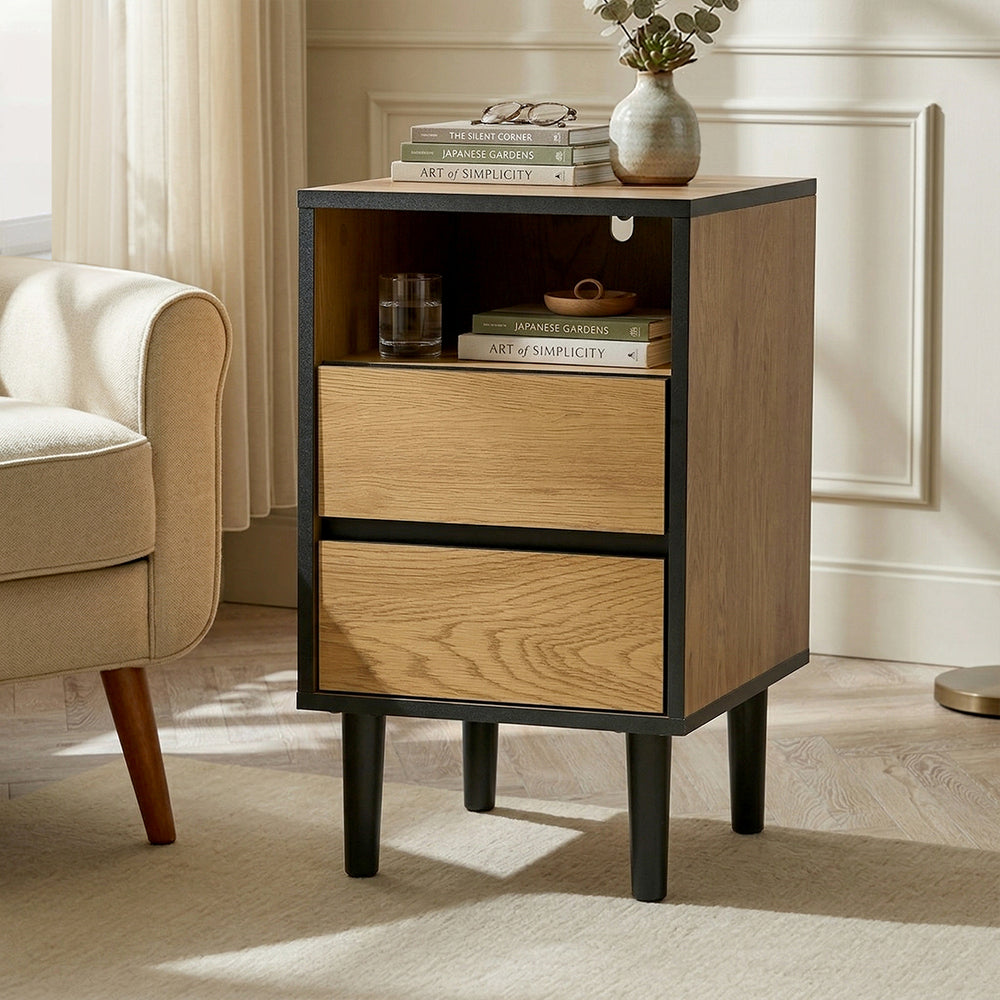 2pc Bedside Tables 2 Drawers Shelf Nightstand