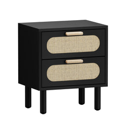 Bedside Table 2 Drawers Rattan Black