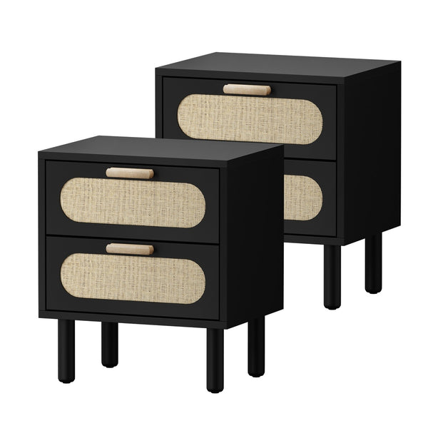  2x Bedside Table 2 Drawers Rattan