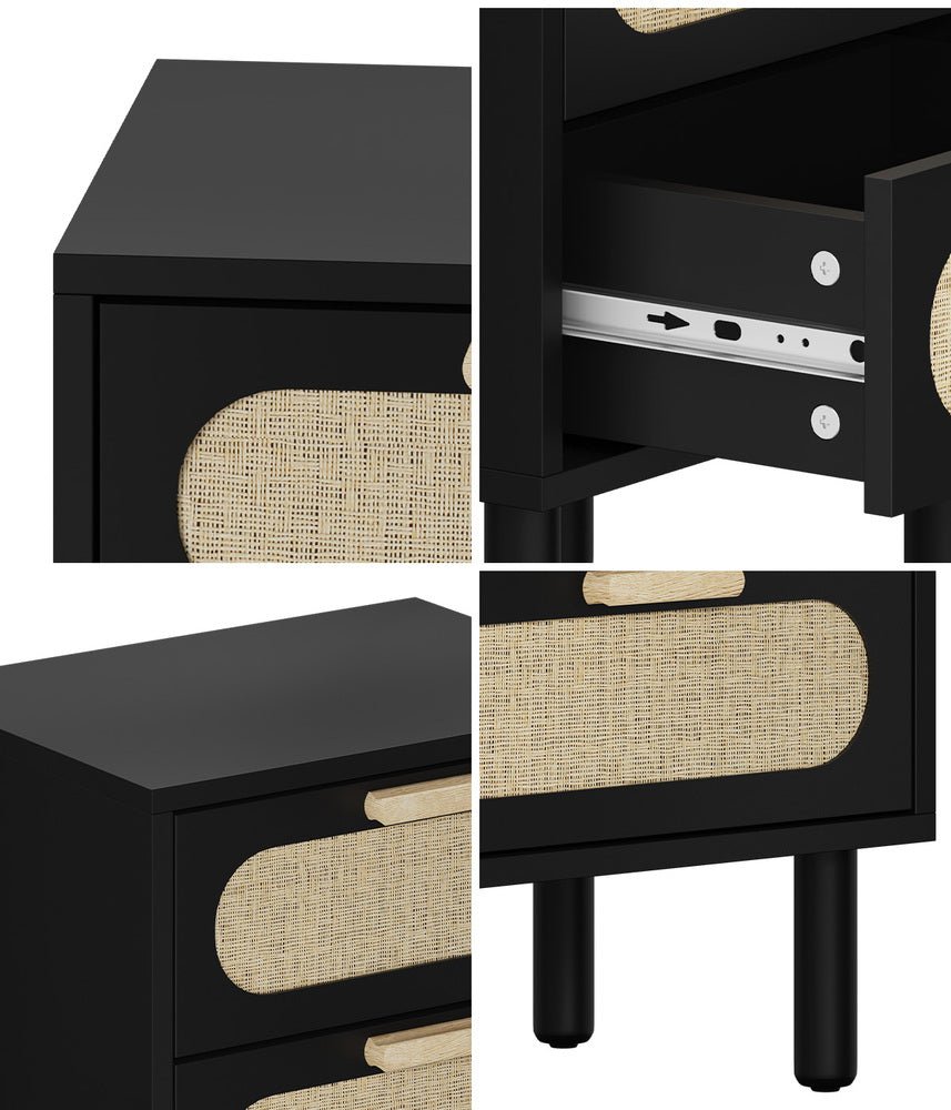 2x Bedside Table 2 Drawers Rattan Black