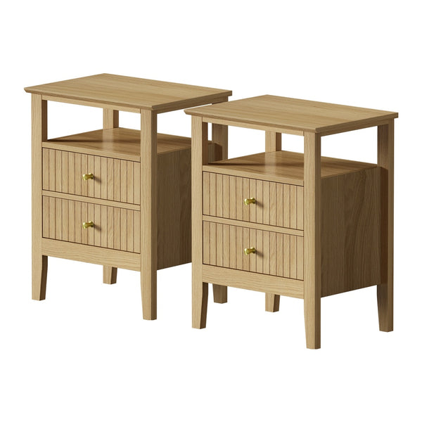  2x Bedside Table 2 Drawers Open Shelf Nightstand Natural