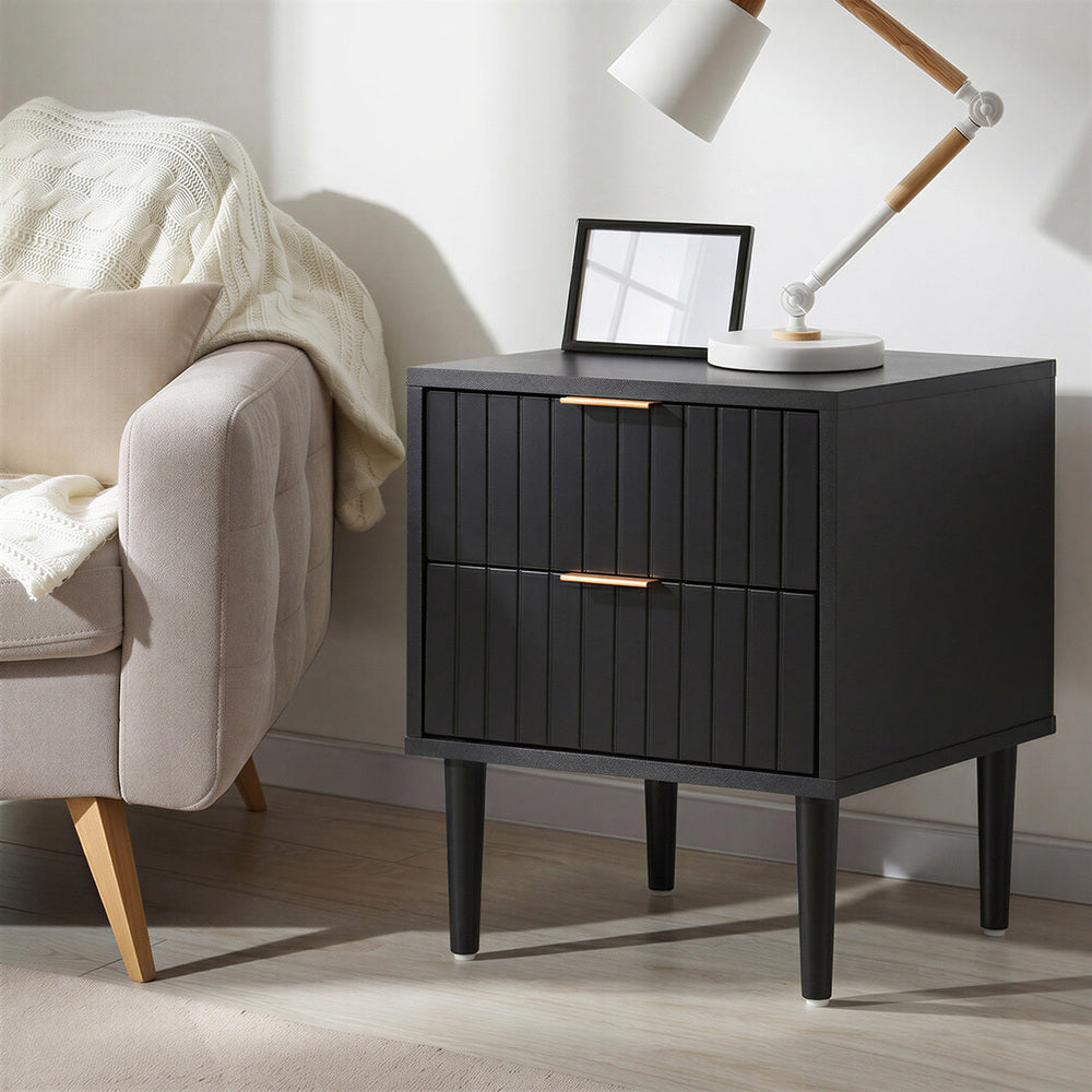 Black Bedside Table 2 Drawers Metal Handle | HomeAndLiving