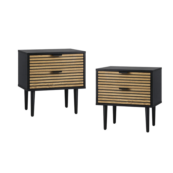  2PCS Bedside Table 2 Drawers Black&Wooden