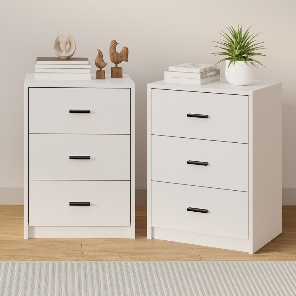 Set of 2 Bedside Table With 3 Drawers Bedroom Nightstand Storage Cabinet Natural/White/Walnut Wood