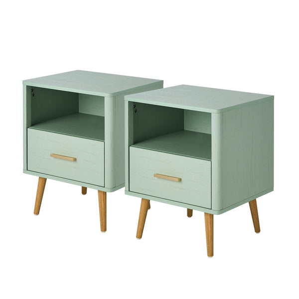  2x Bedside Table 1 Drawer Open Shelf Nightstand Green