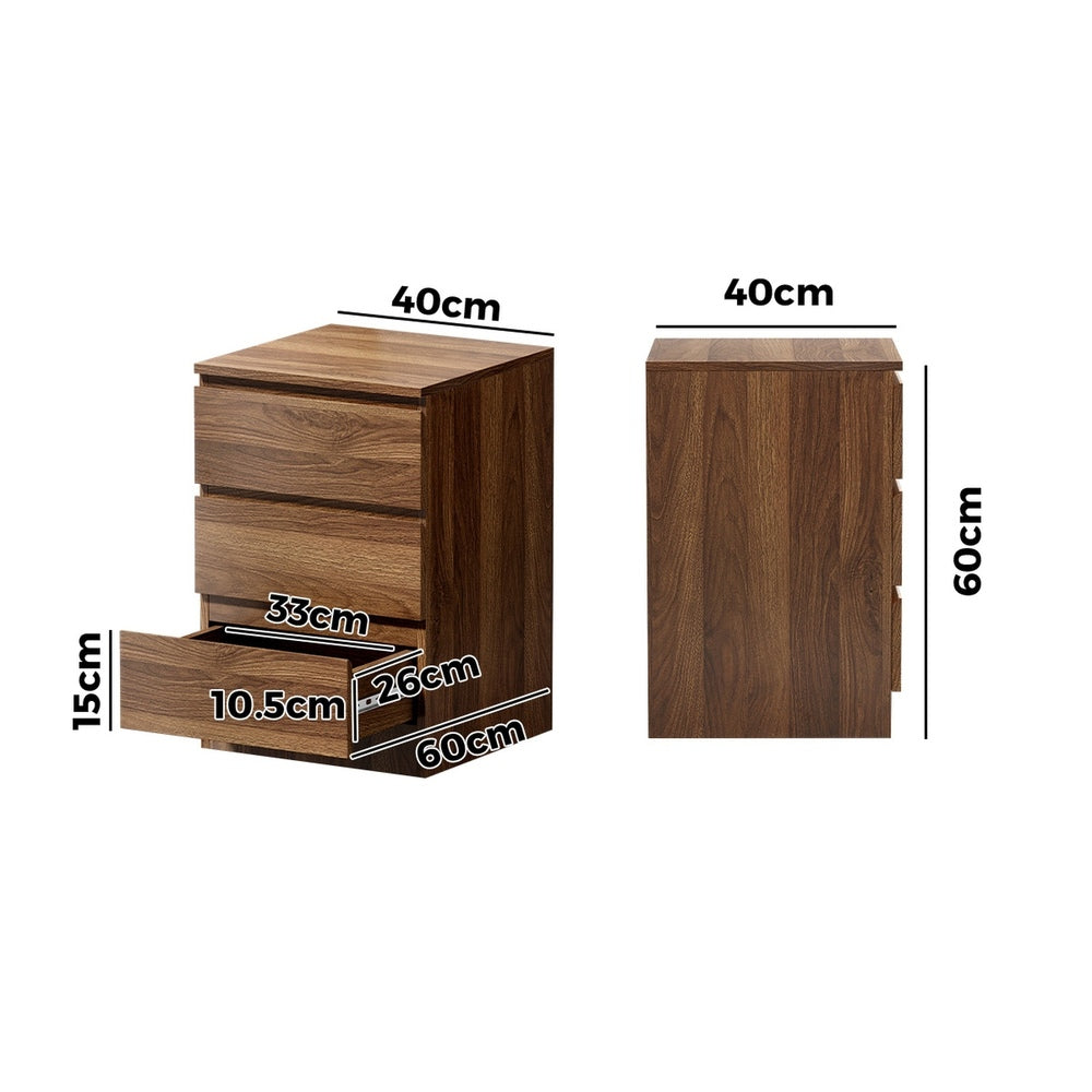 Bedside Table 3 Drawer Side Table Storage Cabinet Walnut 2 Pack