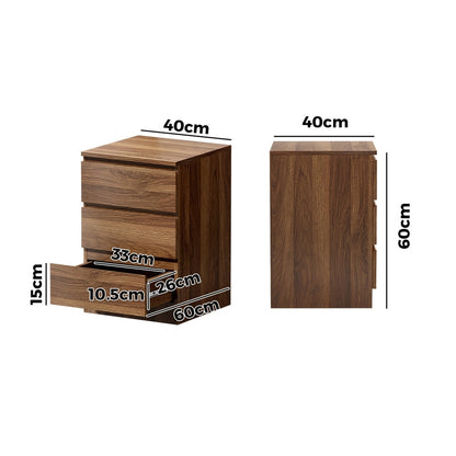 Bedside Table 3 Drawer Side Table Storage Cabinet Walnut 2 Pack
