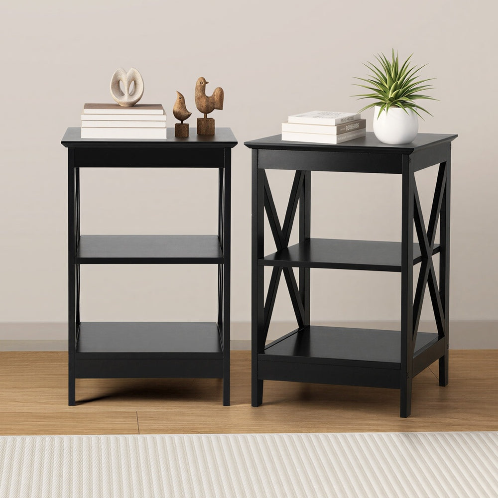 Side Table Coffee Bedside Sofa Table 3-Tier Shelf Black 2 Pack