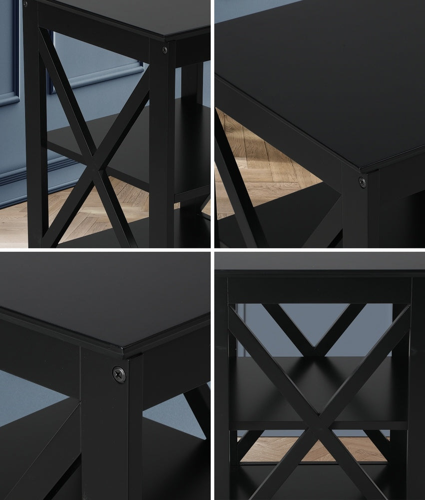 Side Table Coffee Bedside Sofa Table 3-Tier Shelf Black 2 Pack
