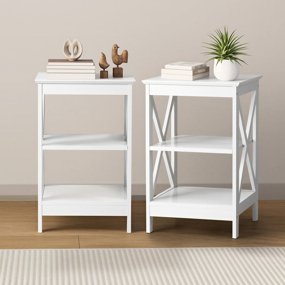 Side Table Coffee Bedside Sofa Storage 3-Tier Shelf White 2 Pack