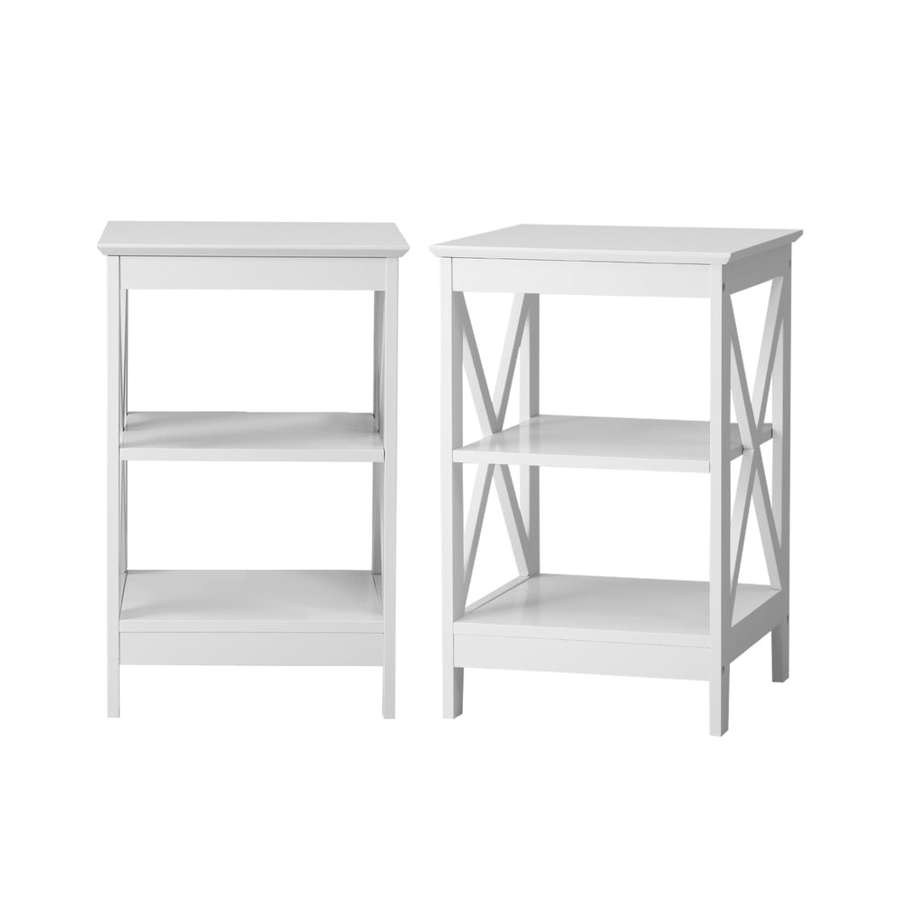 Side Table Coffee Bedside Sofa Storage 3-Tier Shelf White 2 Pack