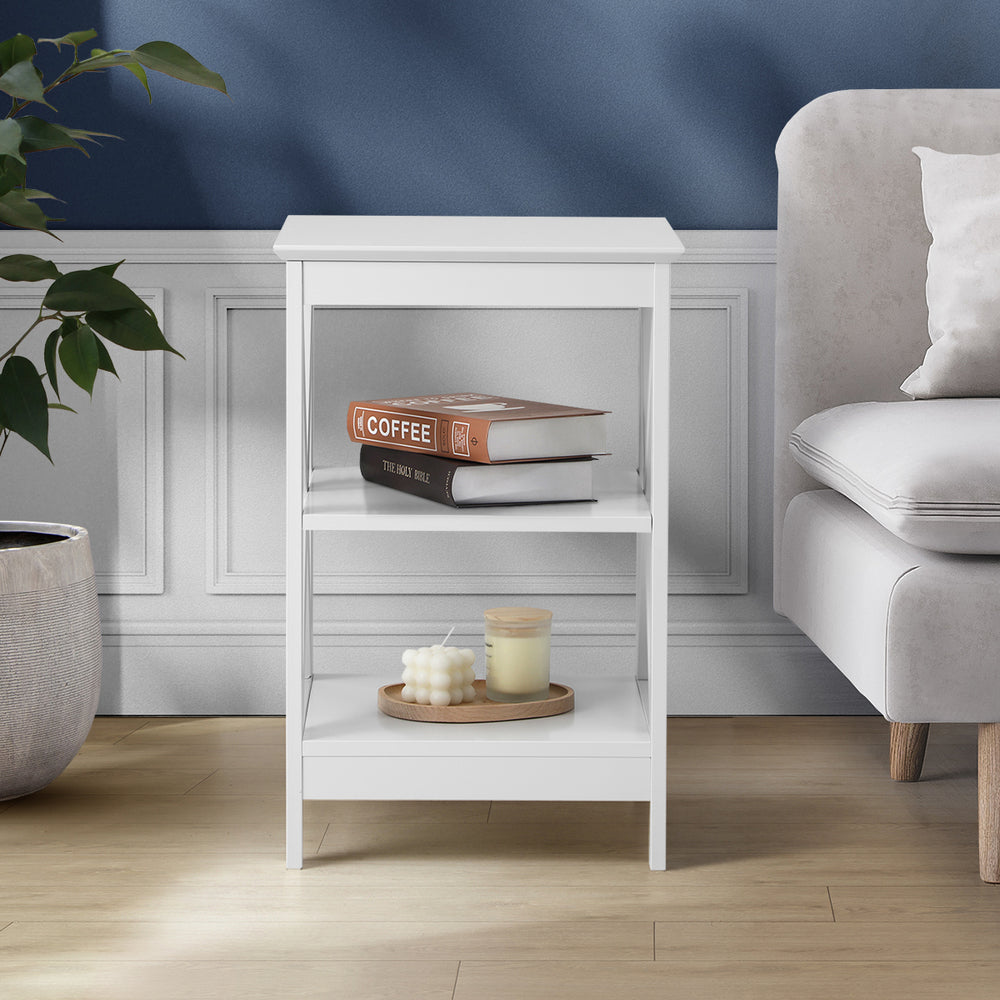 Side Table Coffee Bedside Sofa Storage 3-Tier Shelf White 2 Pack