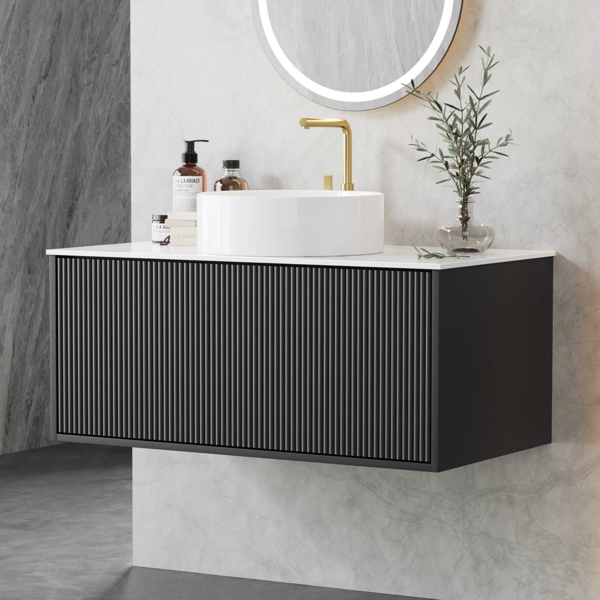Vanity Unit 900Mm Bathroom Cabinet Storage Wall Hung Grooved Timber