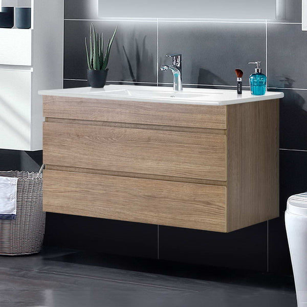  Cefito Bathroom Vanity Cabinet Basin Unit Sink Storage Wall Hung Oak White 900mm
