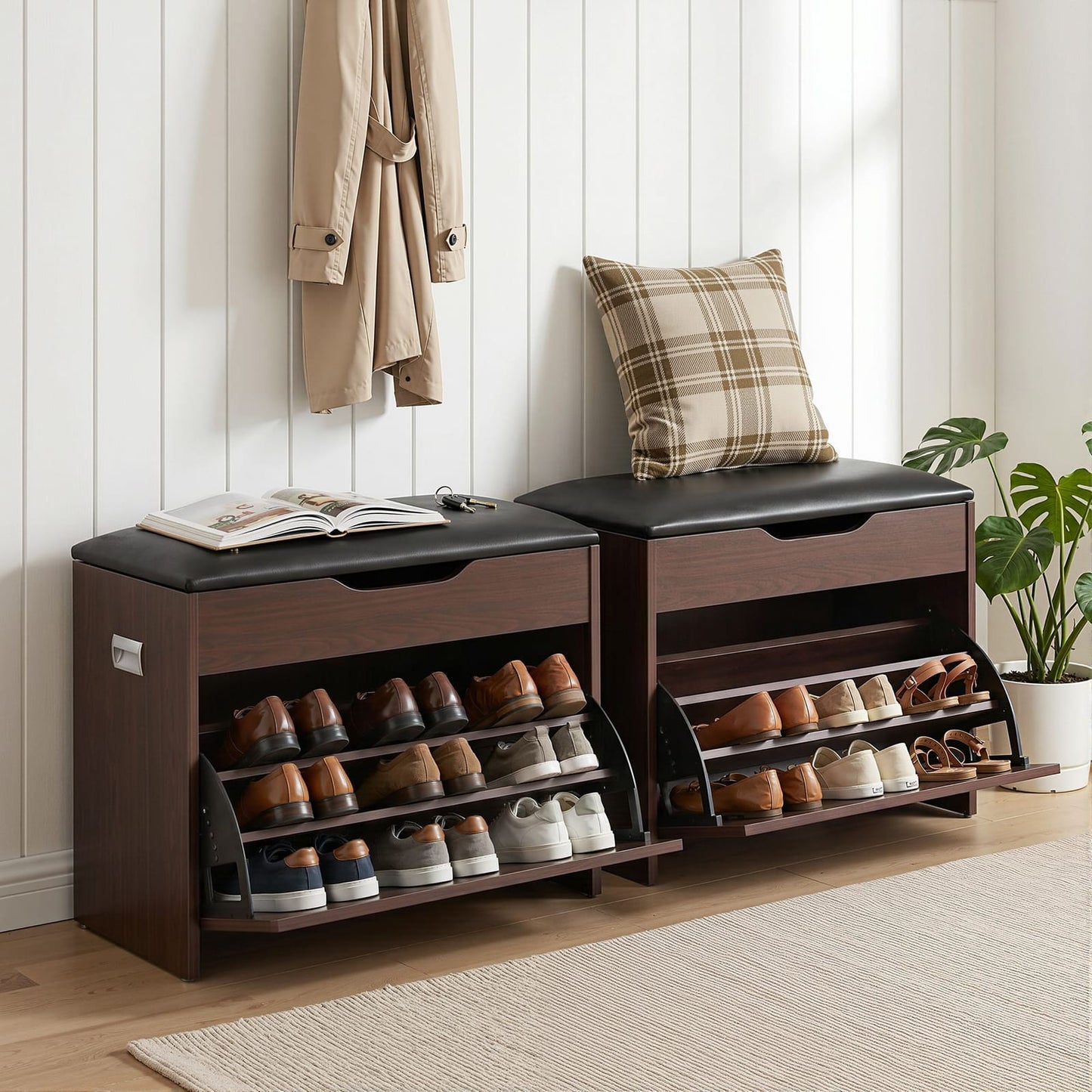 Shoe Bench Set Walnut Storage 57x30x53cm