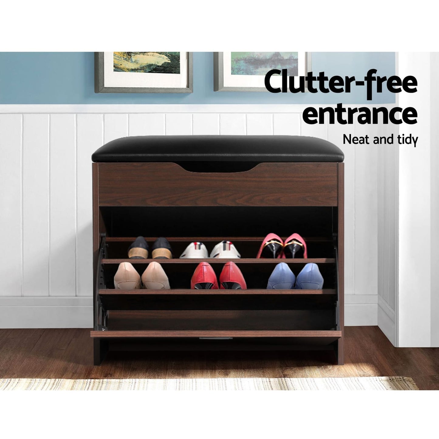 Shoe Bench Set Walnut Storage 57x30x53cm