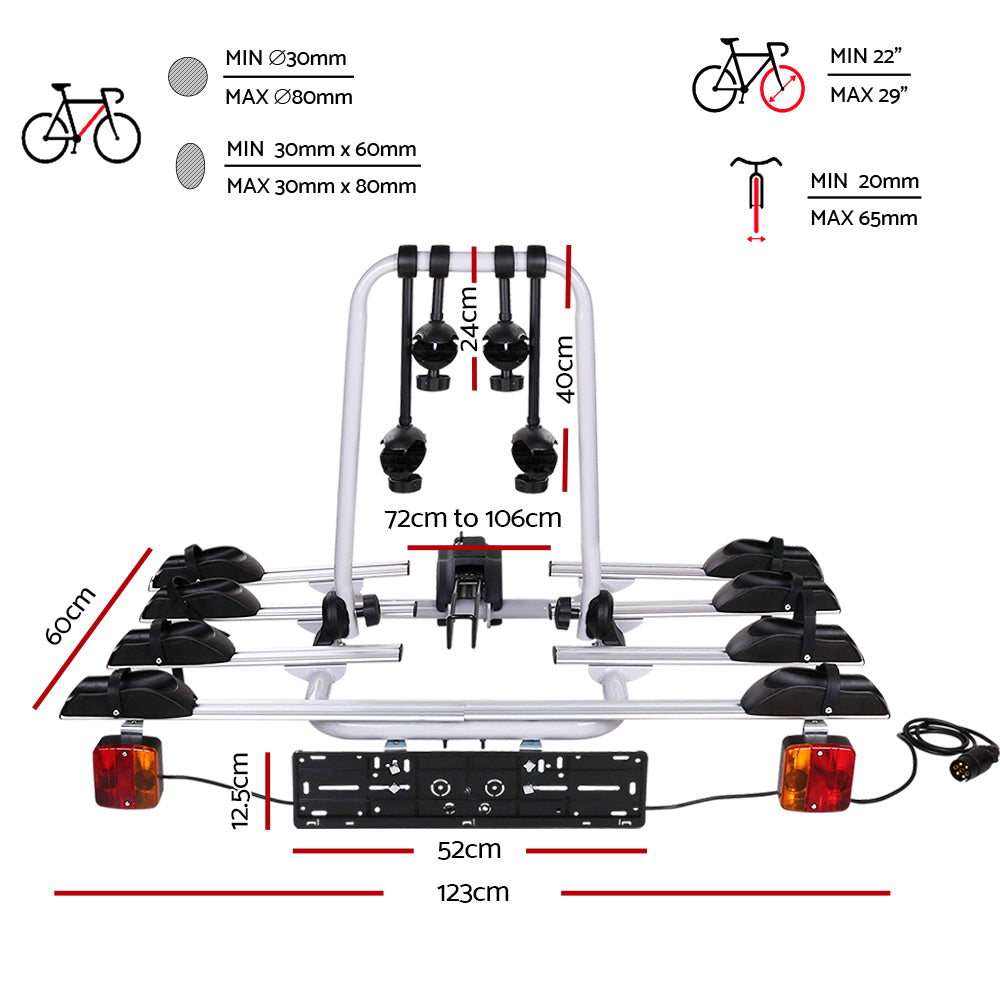 4 Bicycle Bike Carrier Rack Car Towbar Hitch Ball Mount Tail Light Silver