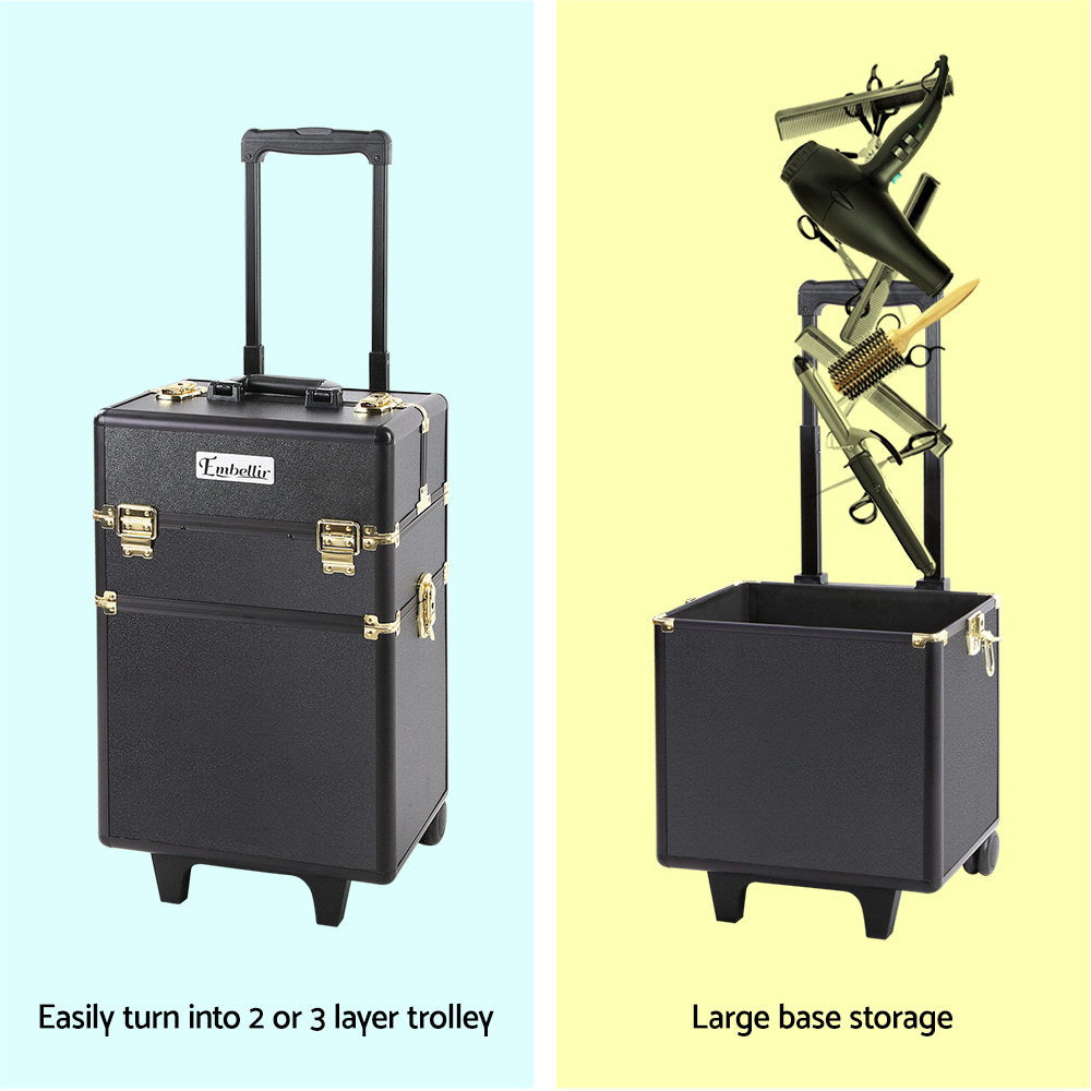 Makeup Case Beauty Trolley Cosmetic Organiser Box Travel Wheels Gold